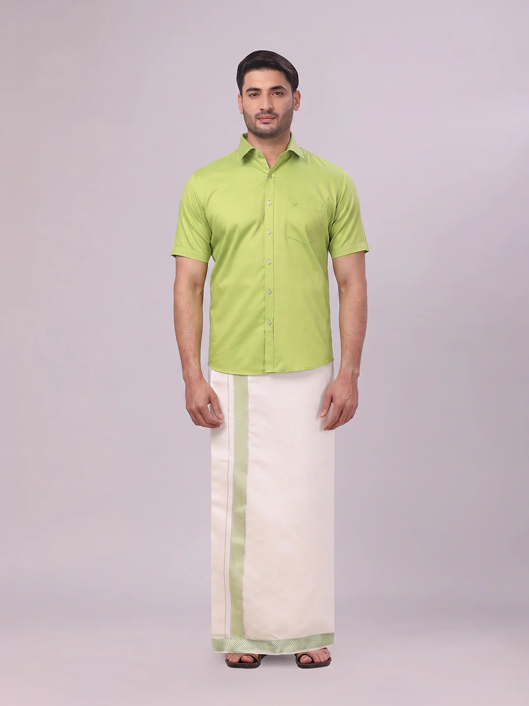 Men Cotton Parrot Green Shirt and Airtex Matching Border Dhoti Combo Nector - Image 2