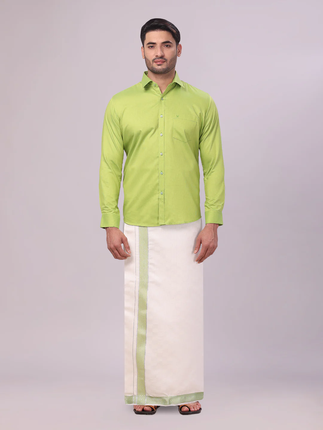 Men Cotton Parrot Green Shirt and Airtex Matching Border Dhoti Combo Nector - Image 3