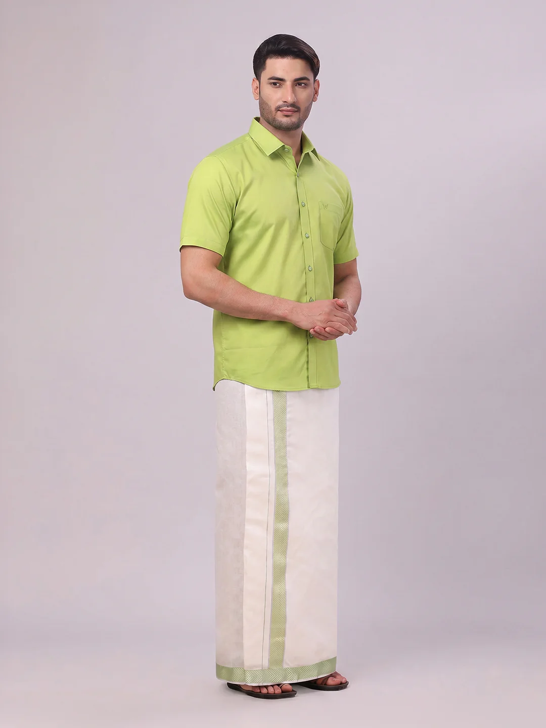 Men Cotton Parrot Green Shirt and Airtex Matching Border Dhoti Combo Nector - Image 4