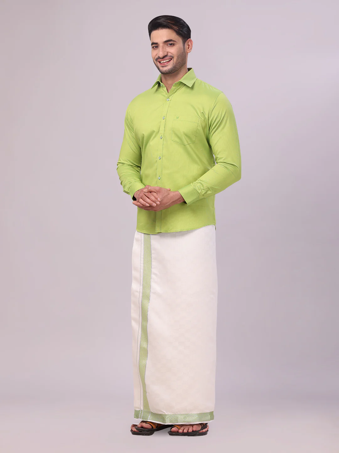 Men Cotton Parrot Green Shirt and Airtex Matching Border Dhoti Combo Nector - Image 5