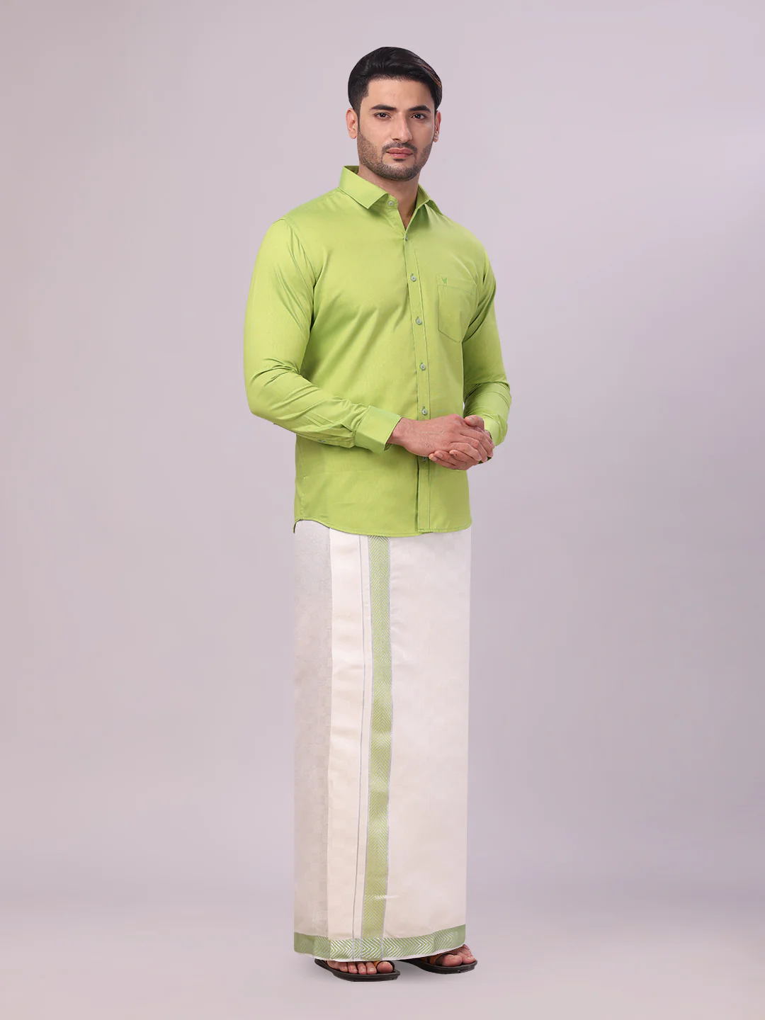 Men Cotton Parrot Green Shirt and Airtex Matching Border Dhoti Combo Nector - Image 6