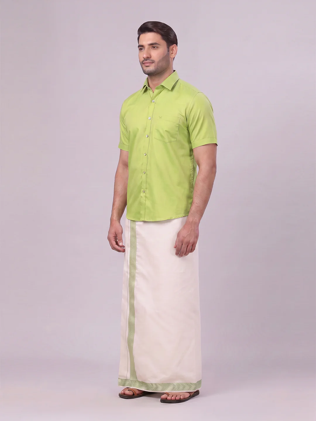 Men Cotton Parrot Green Shirt and Airtex Matching Border Dhoti Combo Nector - Image 7