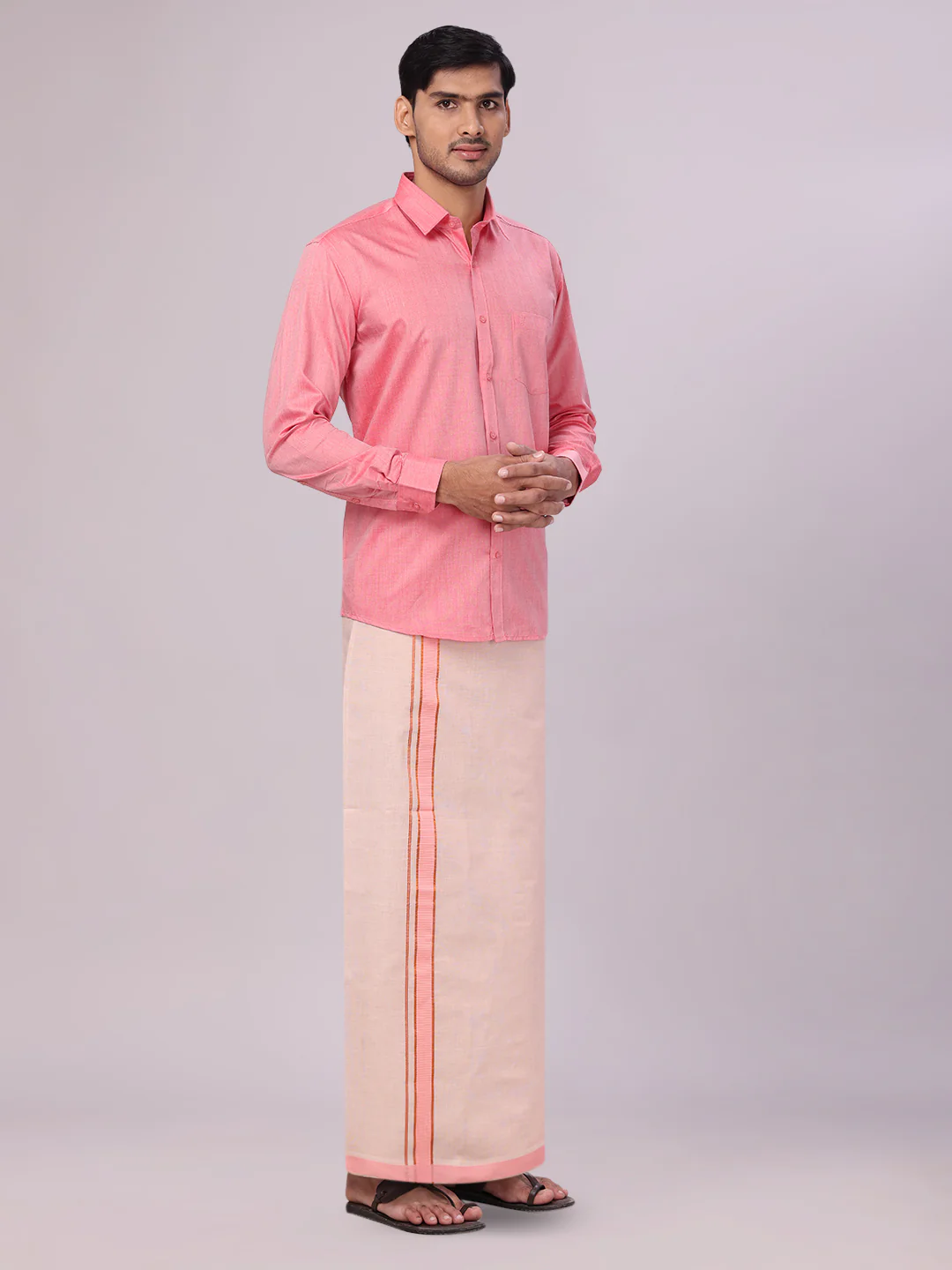 Men's Cotton Pink Shirt with Tissue Matching Border Flexi Dhoti Wedding Combo Kandala - Image 3