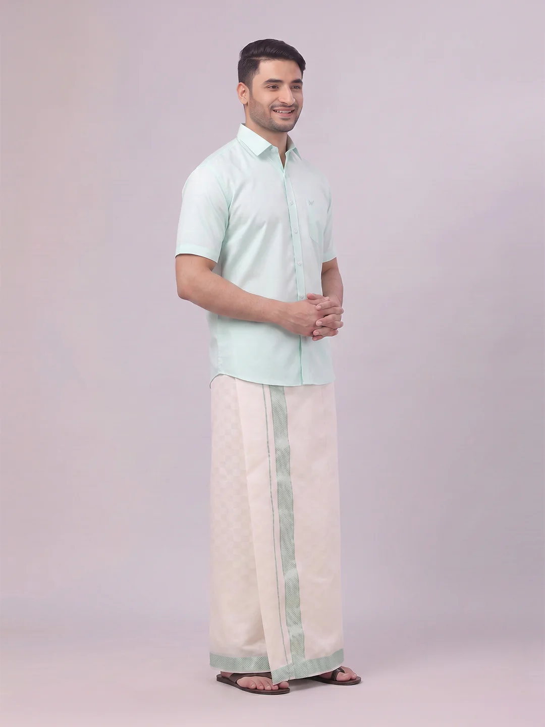 Men's Cotton Sea Green Shirt and Airtex Matching Border Dhoti Combo Nector - Image 3