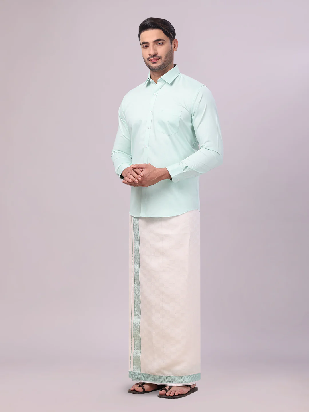 Men's Cotton Sea Green Shirt and Airtex Matching Border Dhoti Combo Nector - Image 5