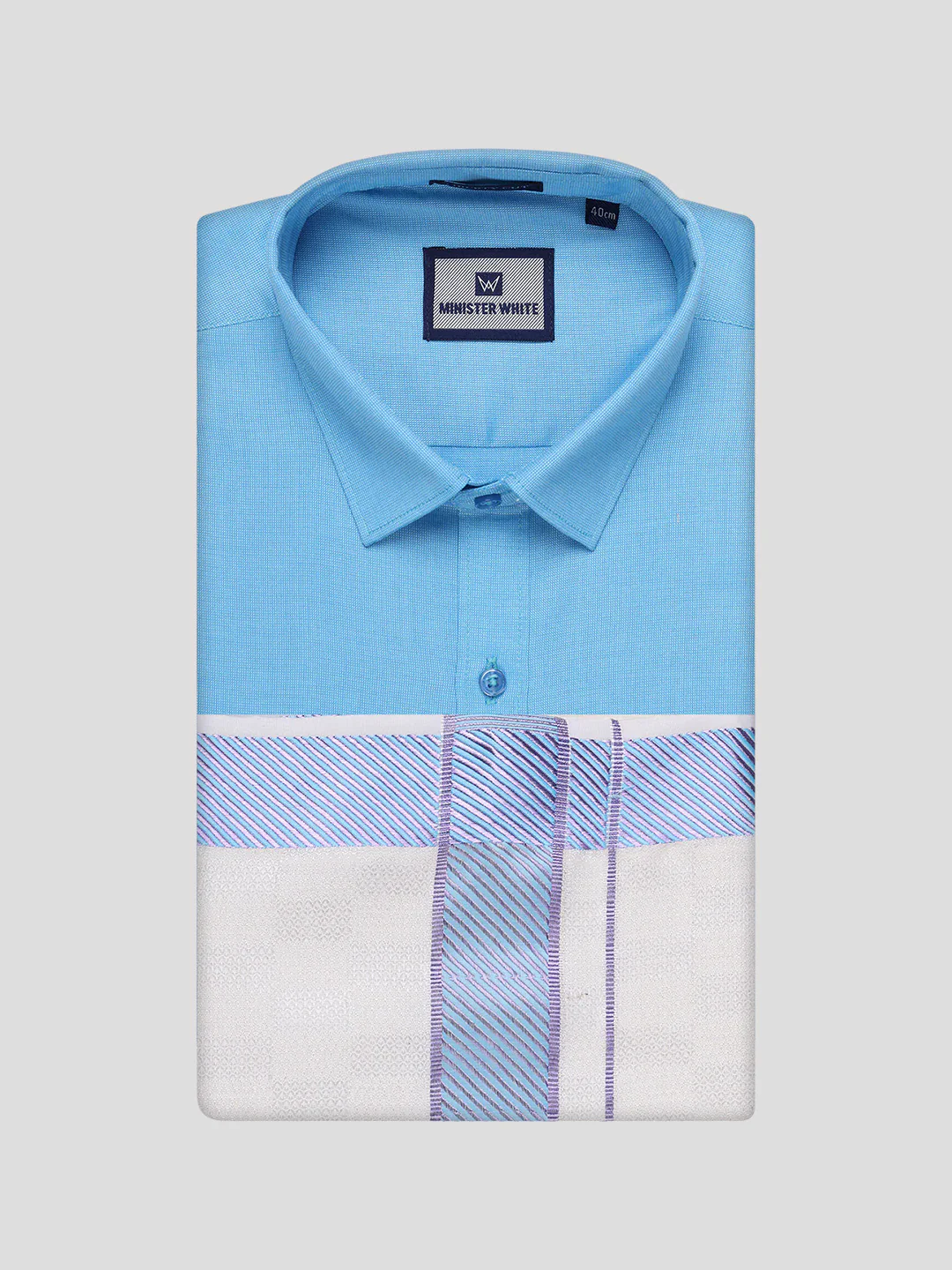 Men's Cotton Sky Blue Shirt and Airtex Matching Border Dhoti Combo Nector - Image 11