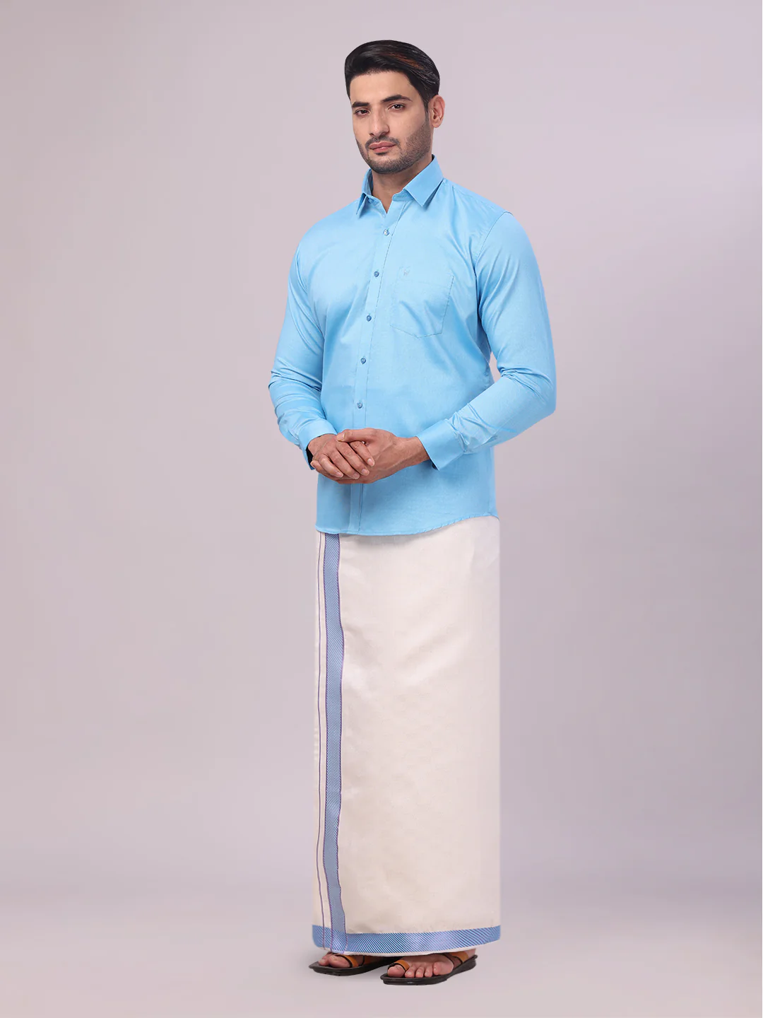 Men's Cotton Sky Blue Shirt and Airtex Matching Border Dhoti Combo Nector - Image 3