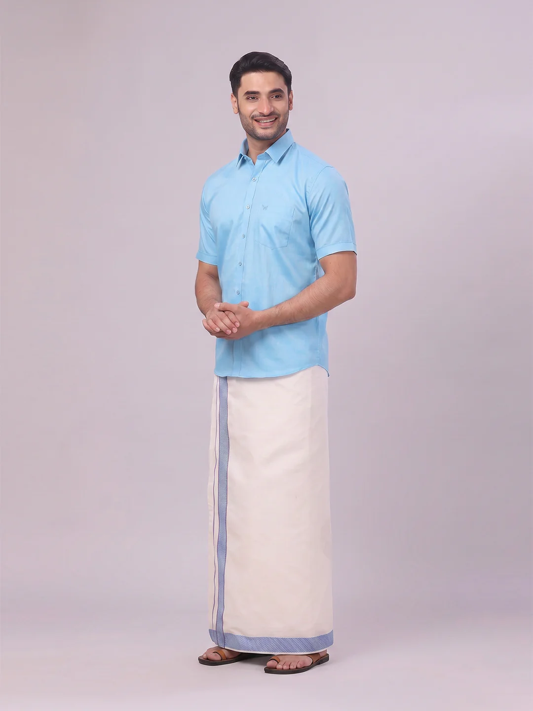 Men's Cotton Sky Blue Shirt and Airtex Matching Border Dhoti Combo Nector - Image 4
