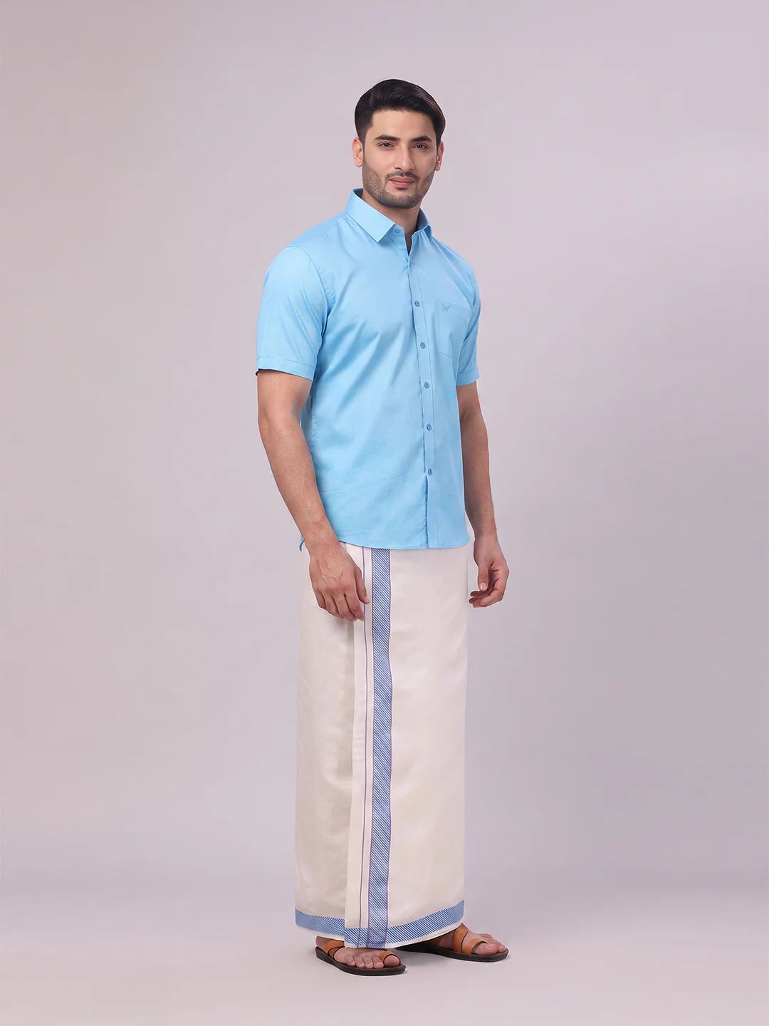 Men's Cotton Sky Blue Shirt and Airtex Matching Border Dhoti Combo Nector - Image 6