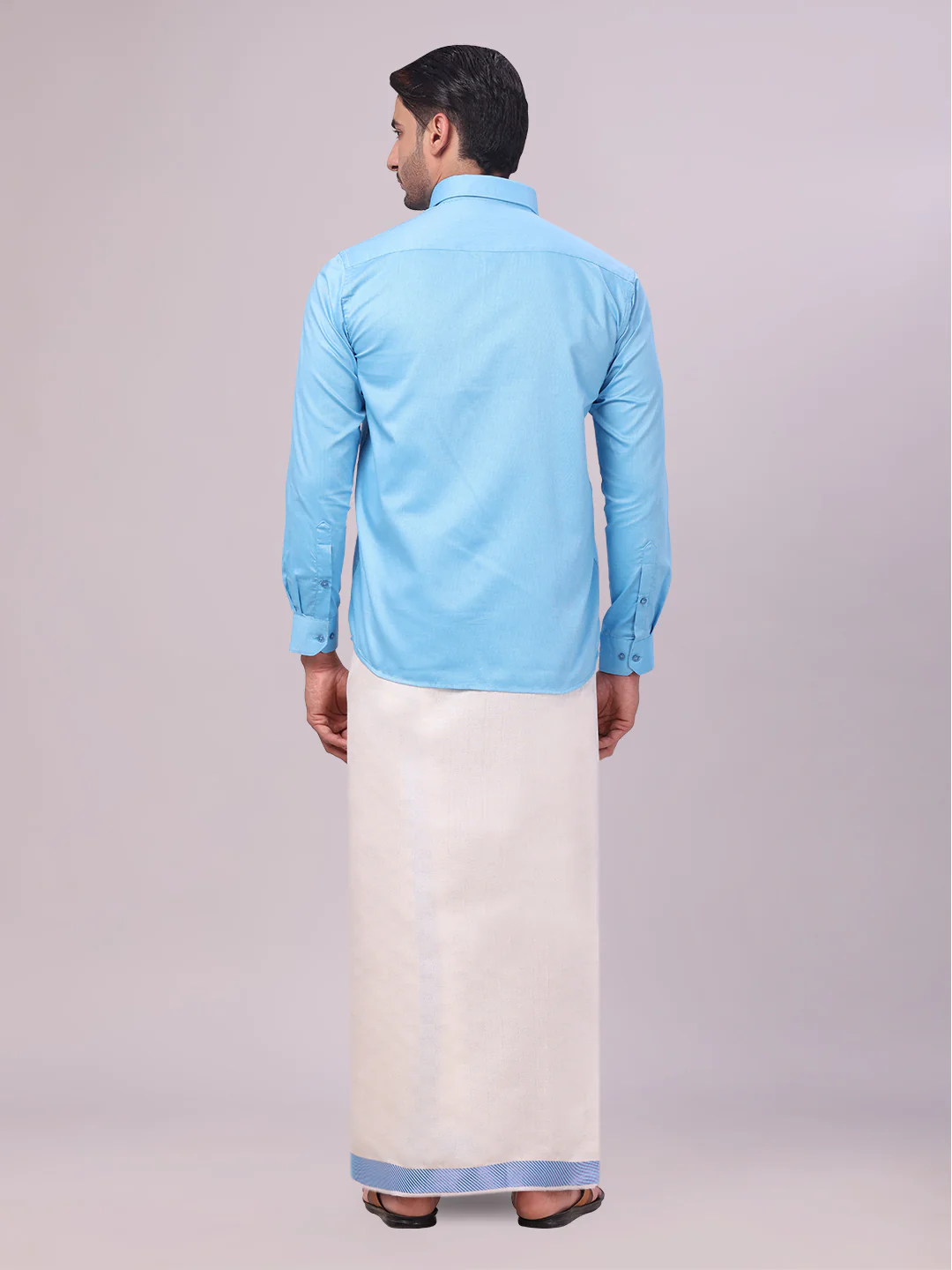 Men's Cotton Sky Blue Shirt and Airtex Matching Border Dhoti Combo Nector - Image 7