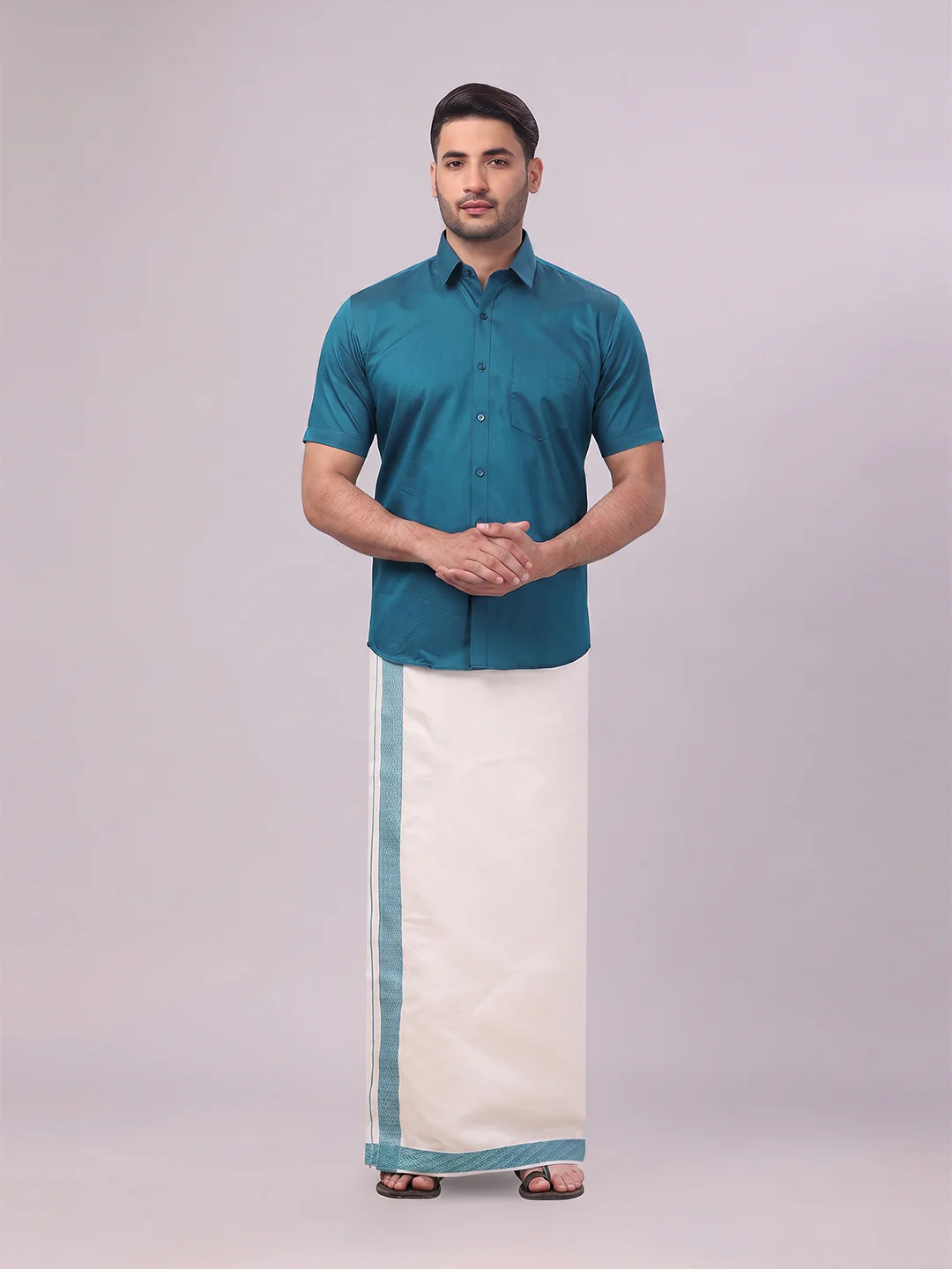 Men's Cotton Steel Blue Shirt and Airtex Matching Border Dhoti Combo Nector - Image 2