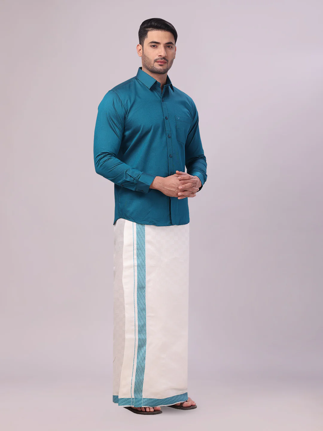 Men's Cotton Steel Blue Shirt and Airtex Matching Border Dhoti Combo Nector - Image 5