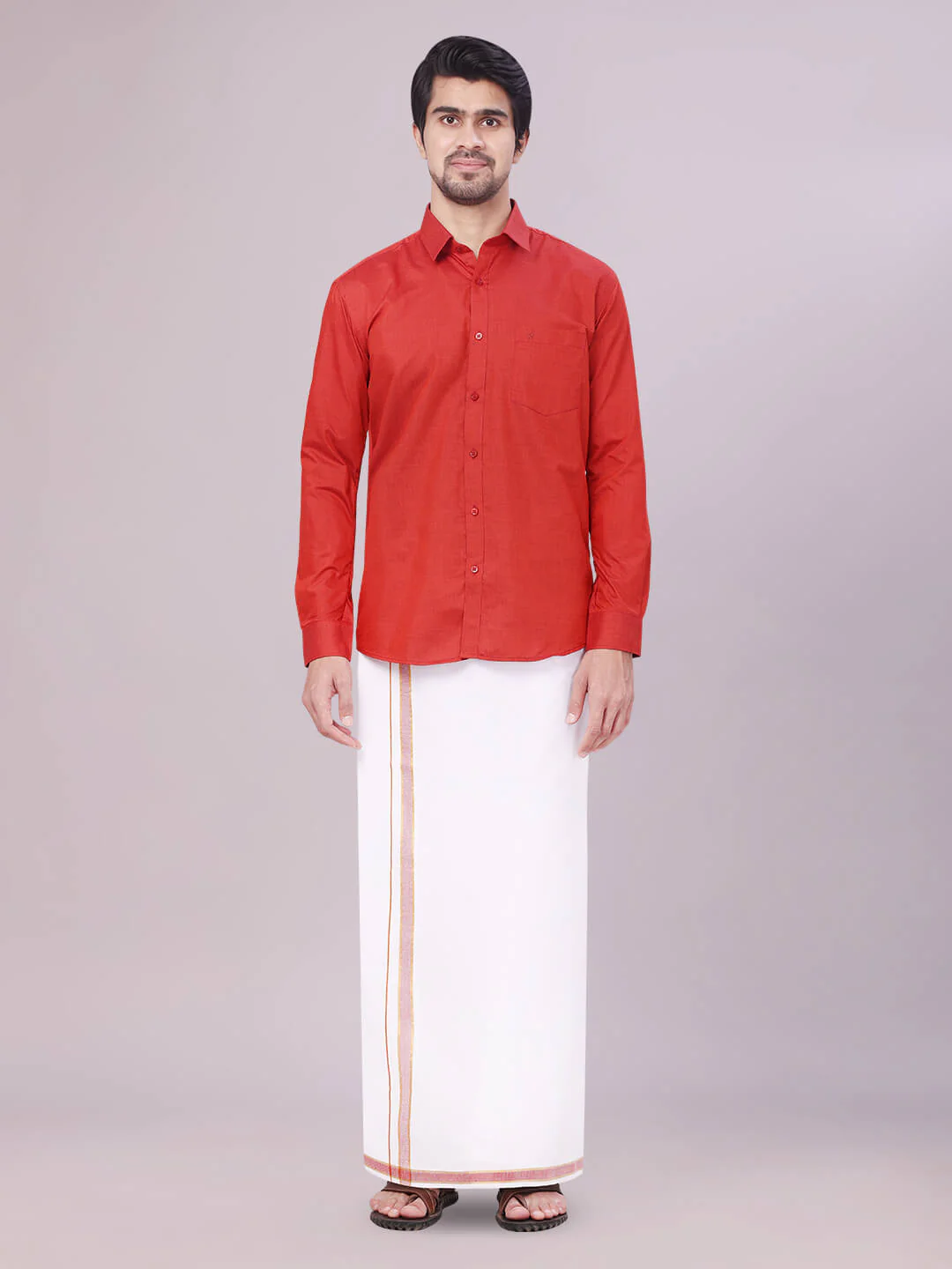 Men's Crimson Red Shirt with Matching Border Dhoti Combo Pinto
