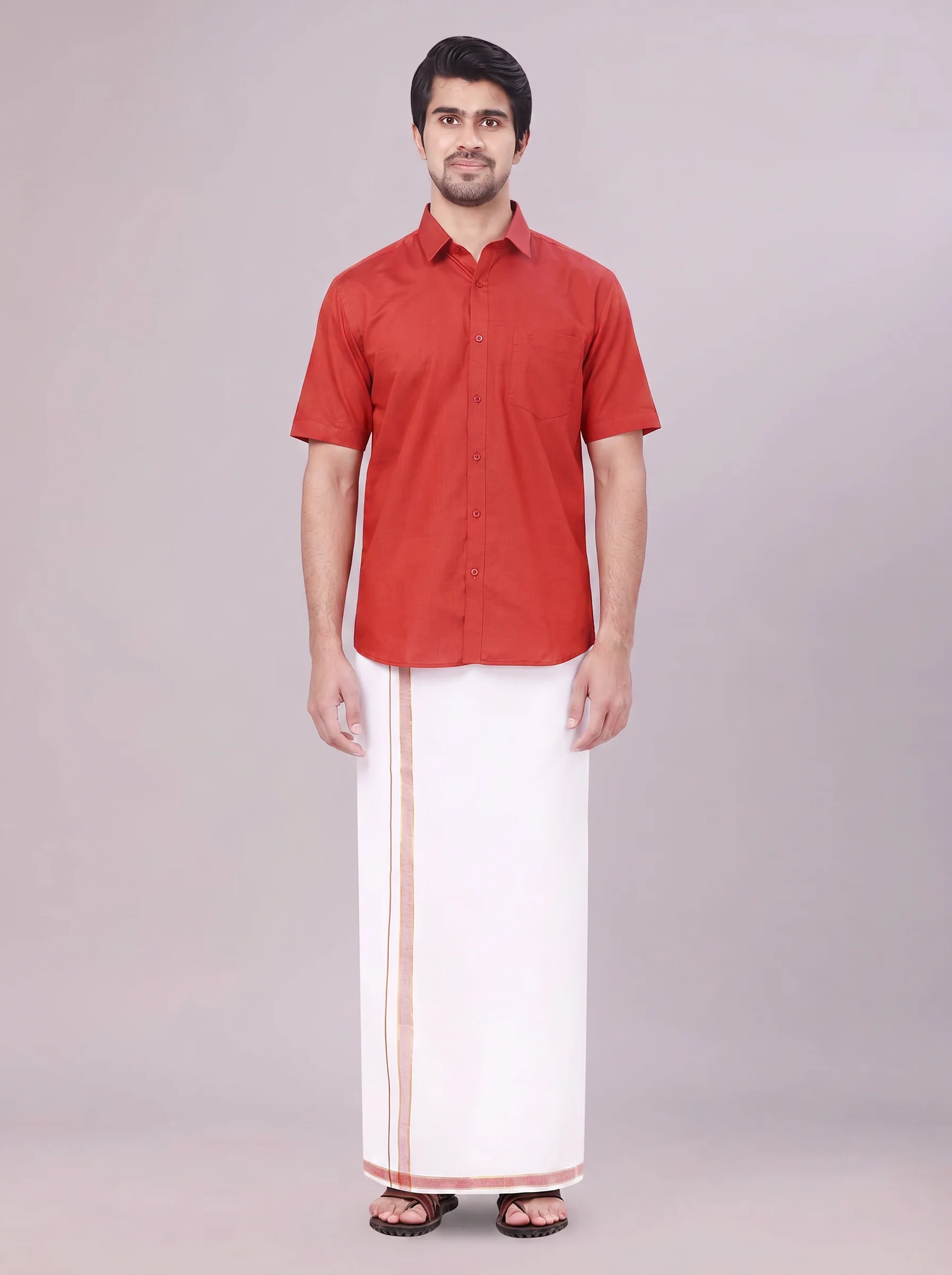 Men's Crimson Red Shirt with Matching Border Dhoti Combo Pinto - Image 2
