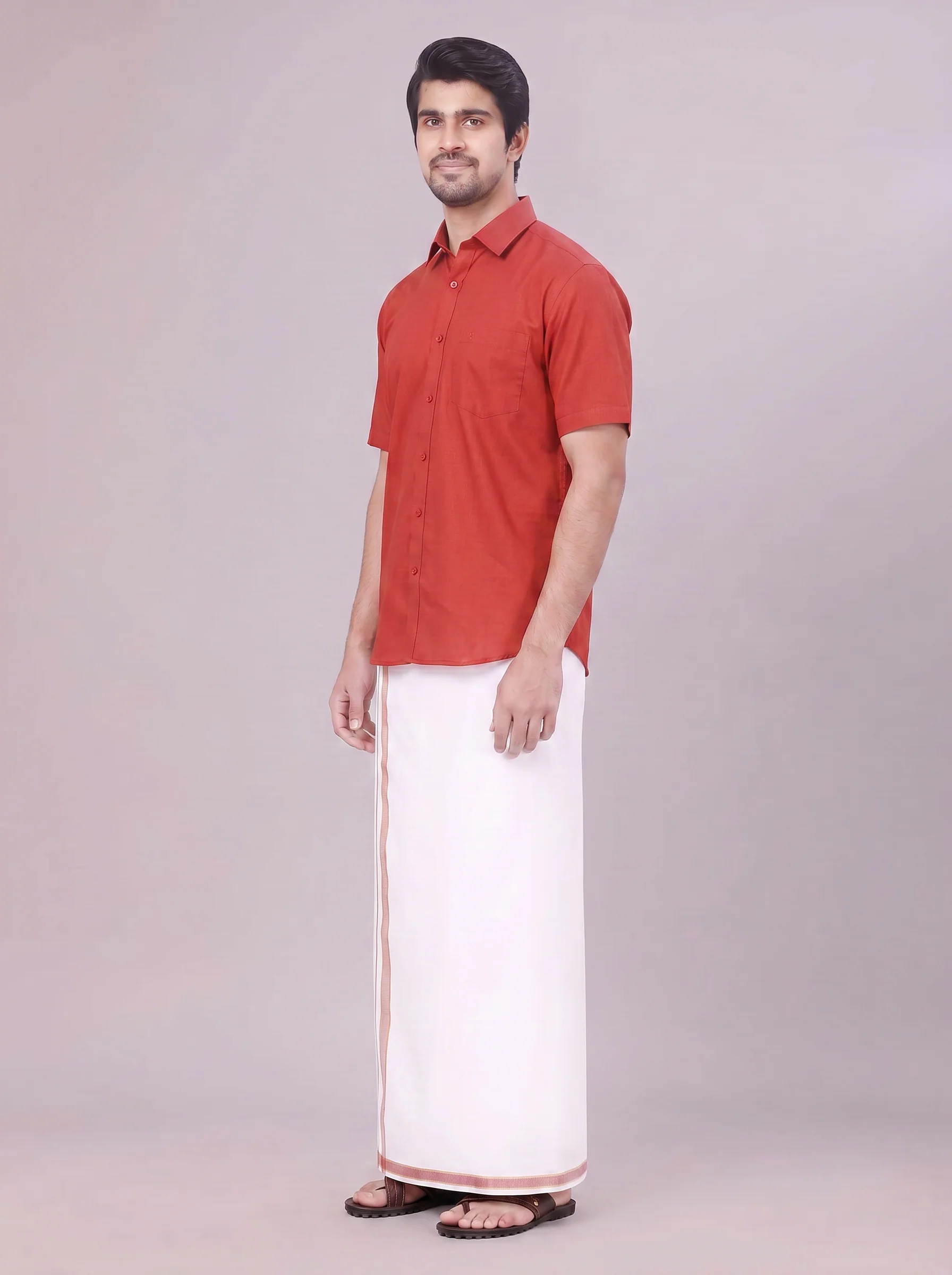 Men's Crimson Red Shirt with Matching Border Dhoti Combo Pinto - Image 3