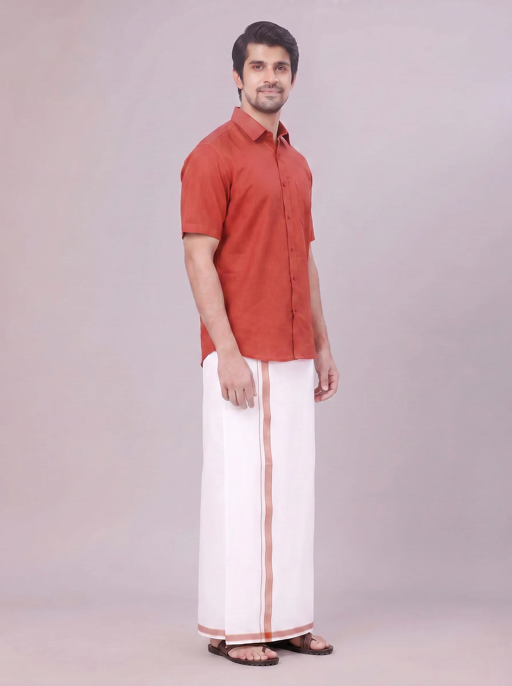 Men's Crimson Red Shirt with Matching Border Dhoti Combo Pinto - Image 4