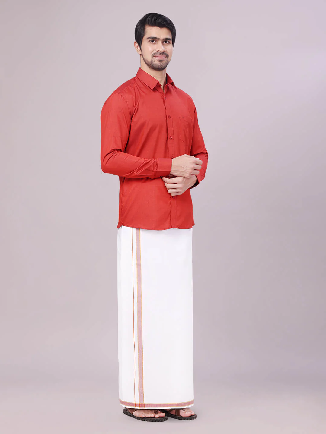 Men's Crimson Red Shirt with Matching Border Dhoti Combo Pinto - Image 5