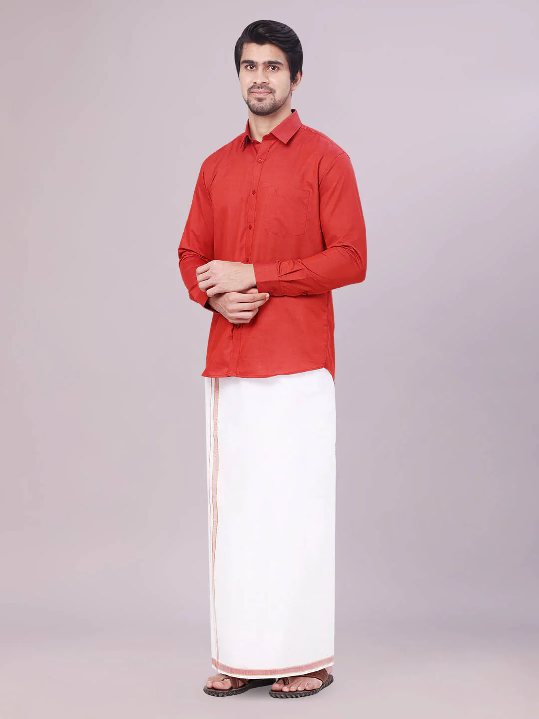 Men's Crimson Red Shirt with Matching Border Dhoti Combo Pinto - Image 6