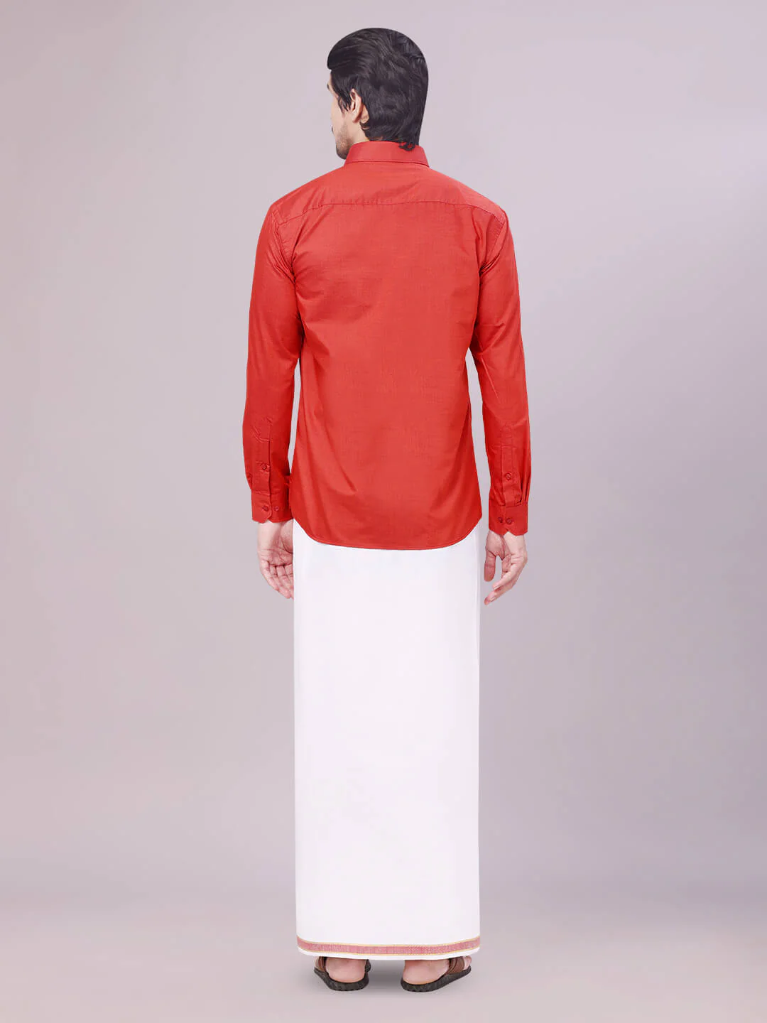 Men's Crimson Red Shirt with Matching Border Dhoti Combo Pinto - Image 7