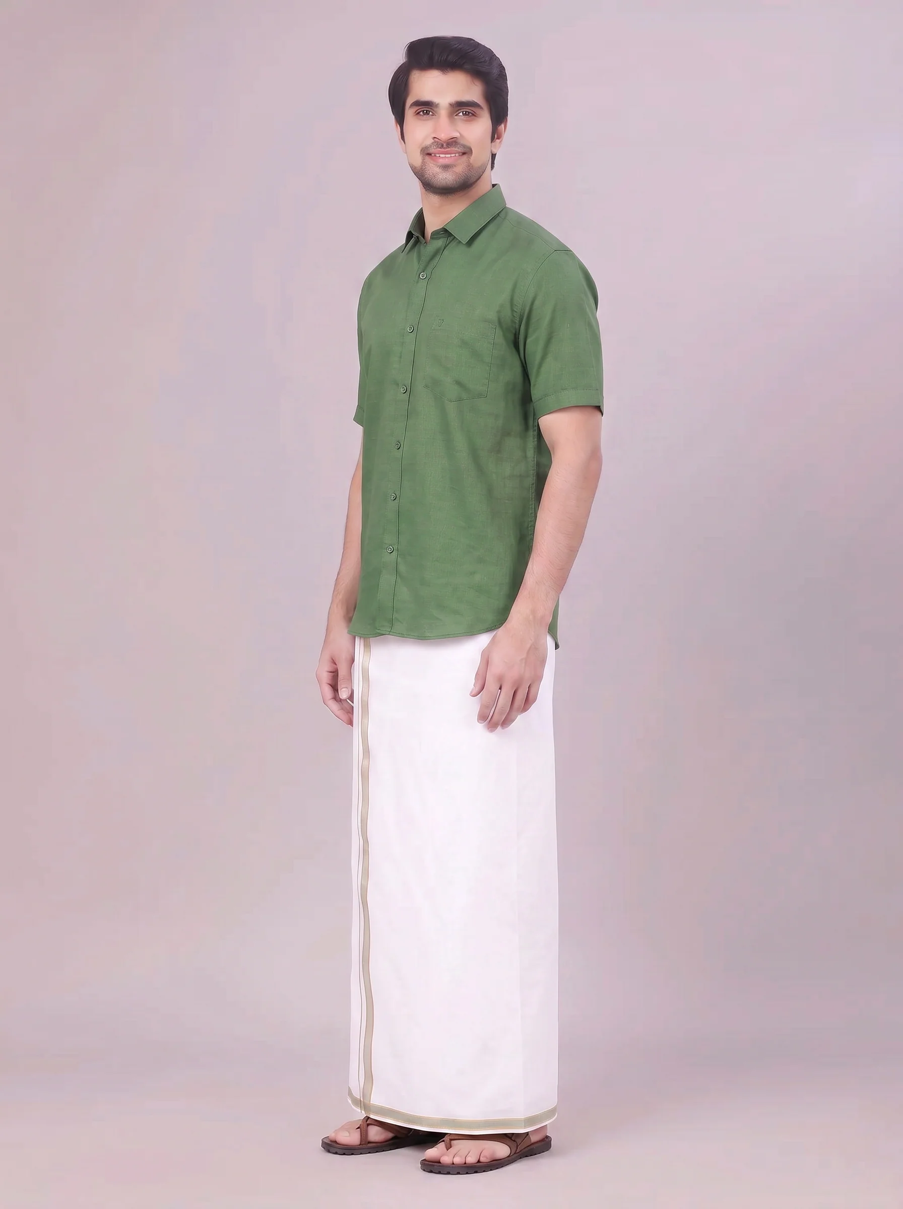 Men's Dark Green Shirt with Matching Border Dhoti Combo Pinto - Image 4