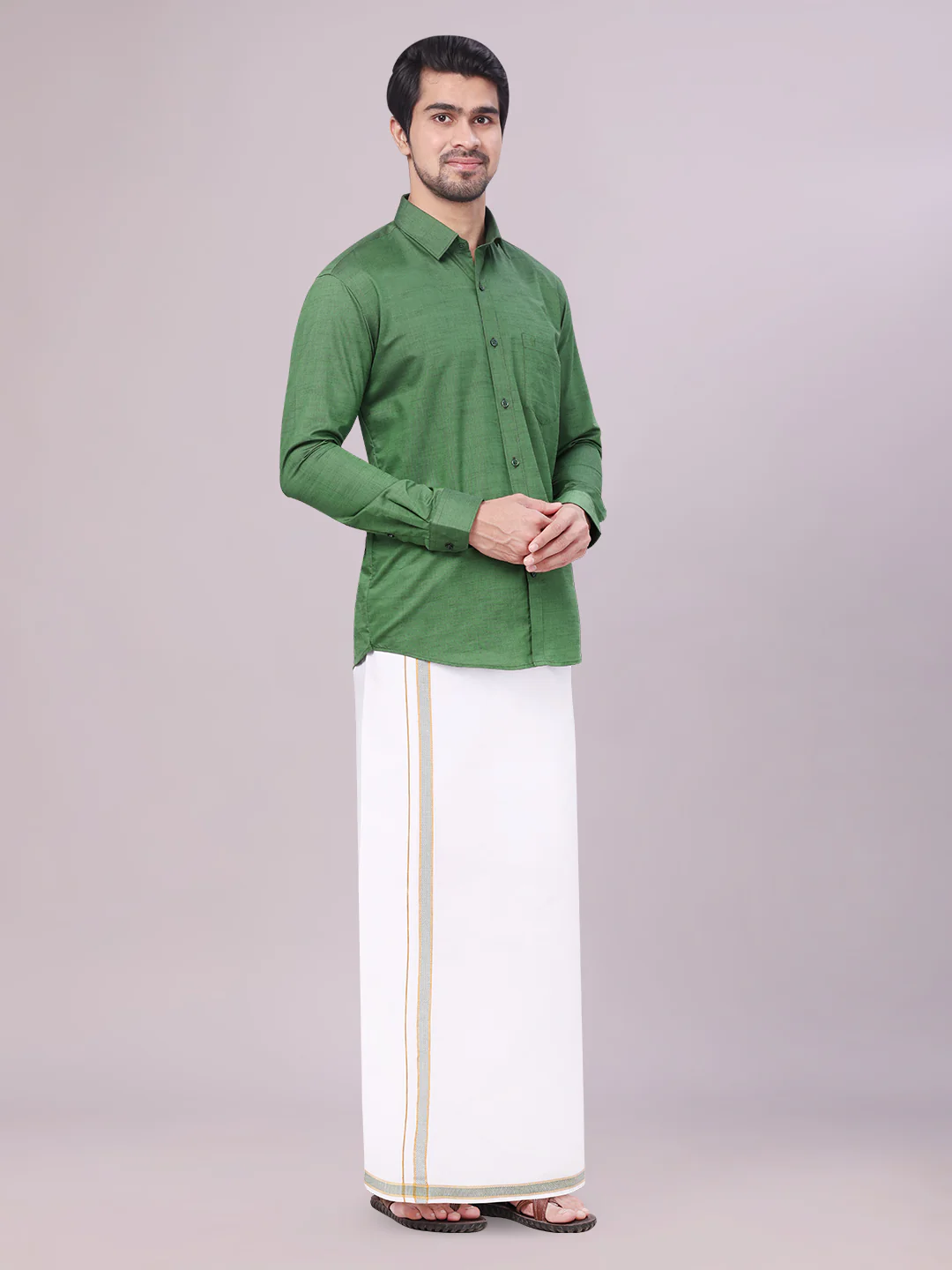 Men's Dark Green Shirt with Matching Border Dhoti Combo Pinto - Image 5