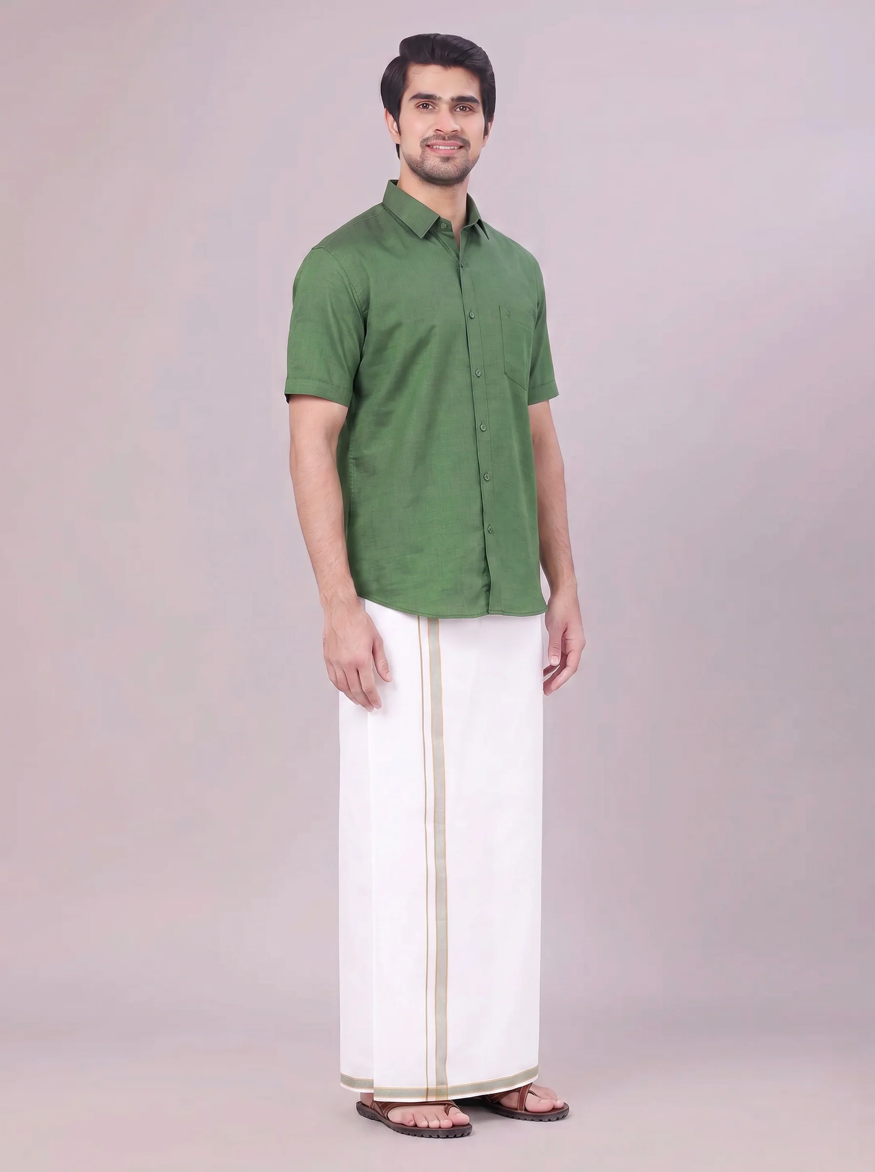 Men's Dark Green Shirt with Matching Border Dhoti Combo Pinto - Image 6