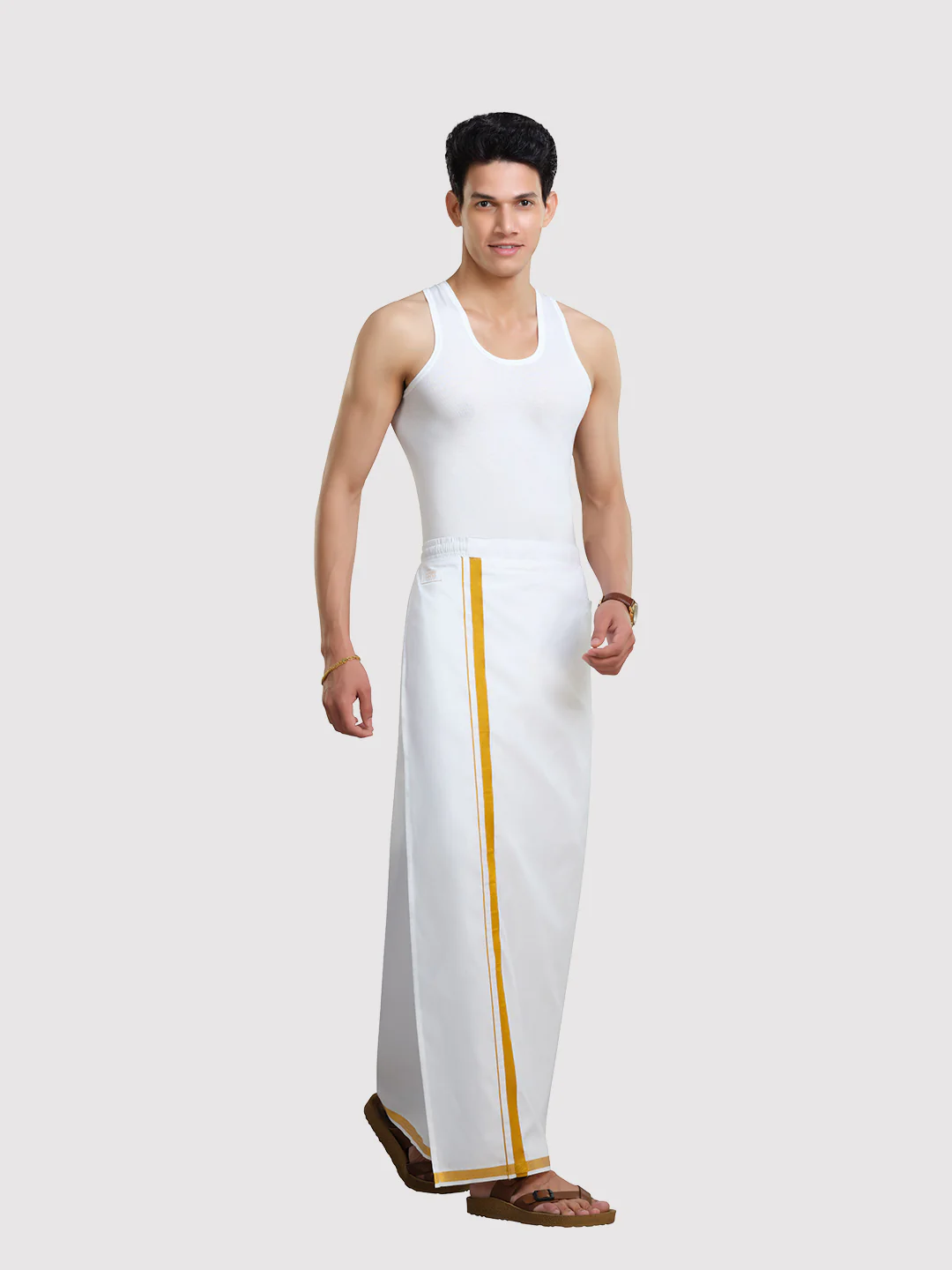 Men's Easy to Wear Flexi 2.0 White Gold Jari Half Elastic Dhoti with Pocket - Image 3