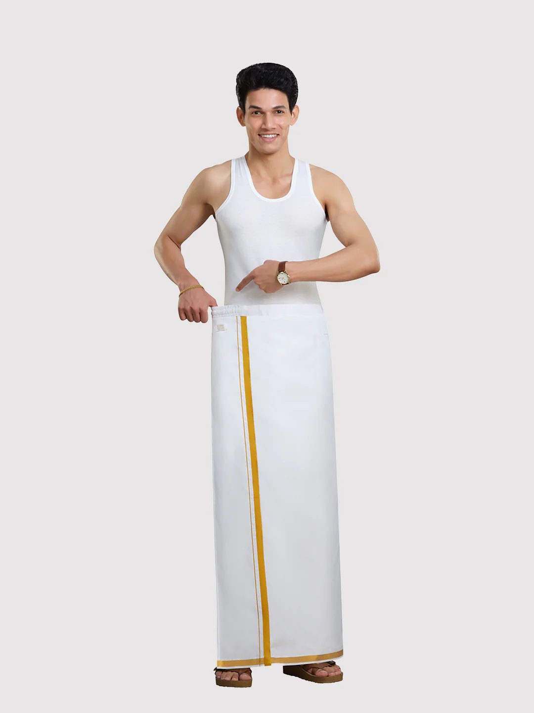 Men's Easy to Wear Flexi 2.0 White Gold Jari Side Elastic Dhoti with Pocket - Image 3