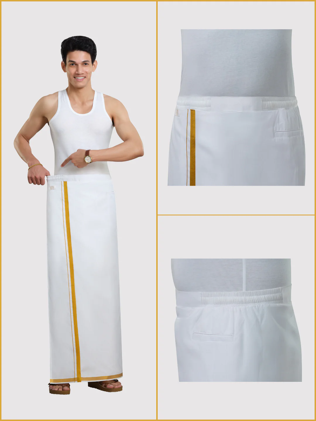 Men's Easy to Wear Flexi 2.0 White Gold Jari Side Elastic Dhoti with Pocket - Image 4
