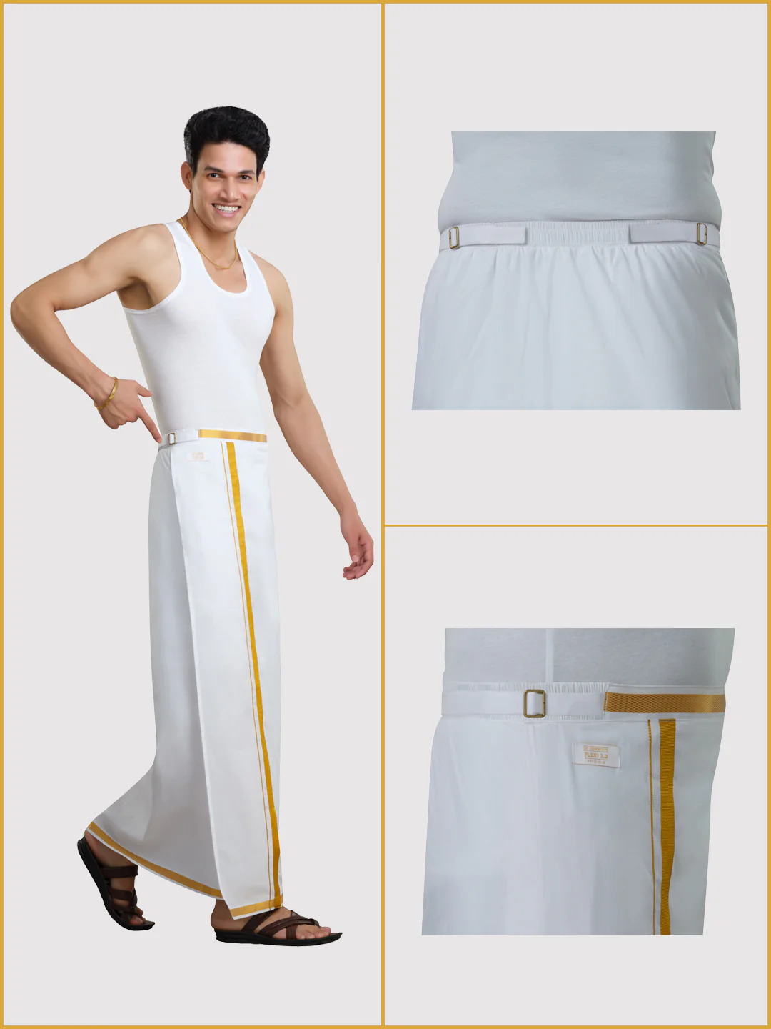 Men's Easy to Wear Flexi 2.0 White Gold Jari Side Gurkha Dhoti with Pocket - Image 3