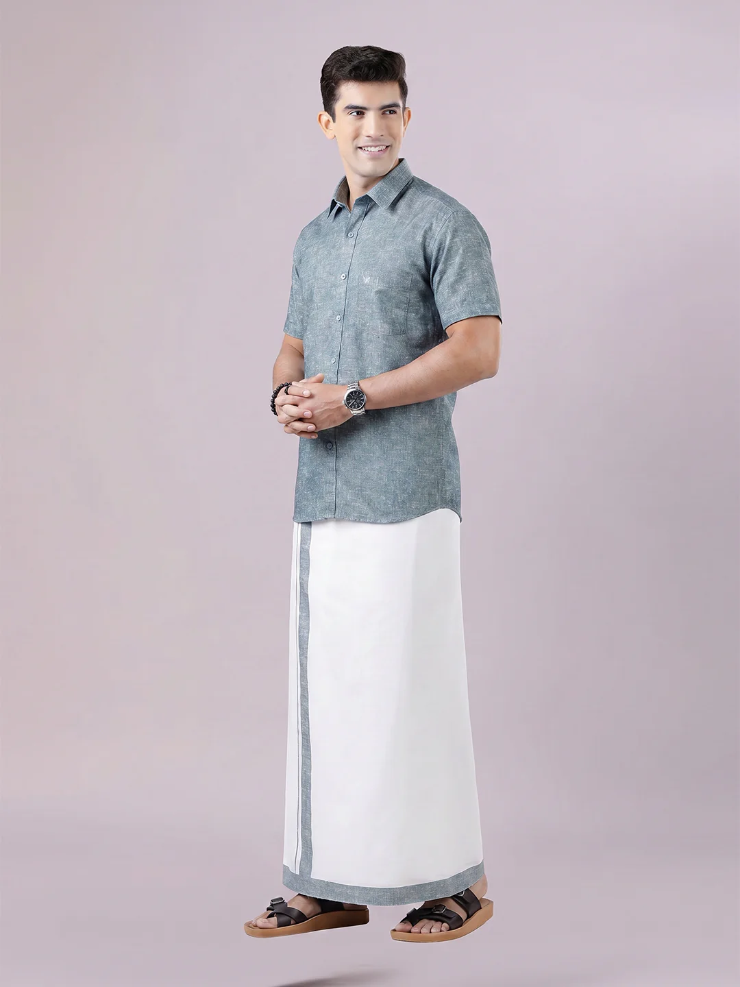 Men's Emerald Color Digital Printed Shirt with Matching Printed Border Dhoti Combo Varnam - Image 2