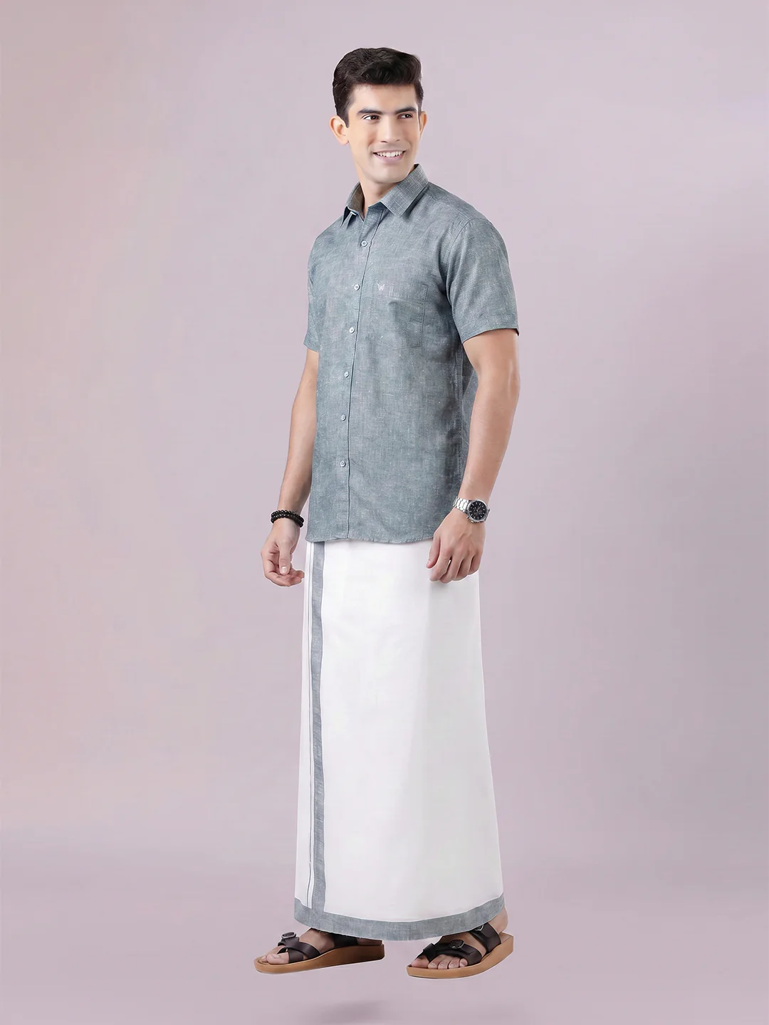 Men's Emerald Color Digital Printed Shirt with Matching Printed Border Dhoti Combo Varnam - Image 3