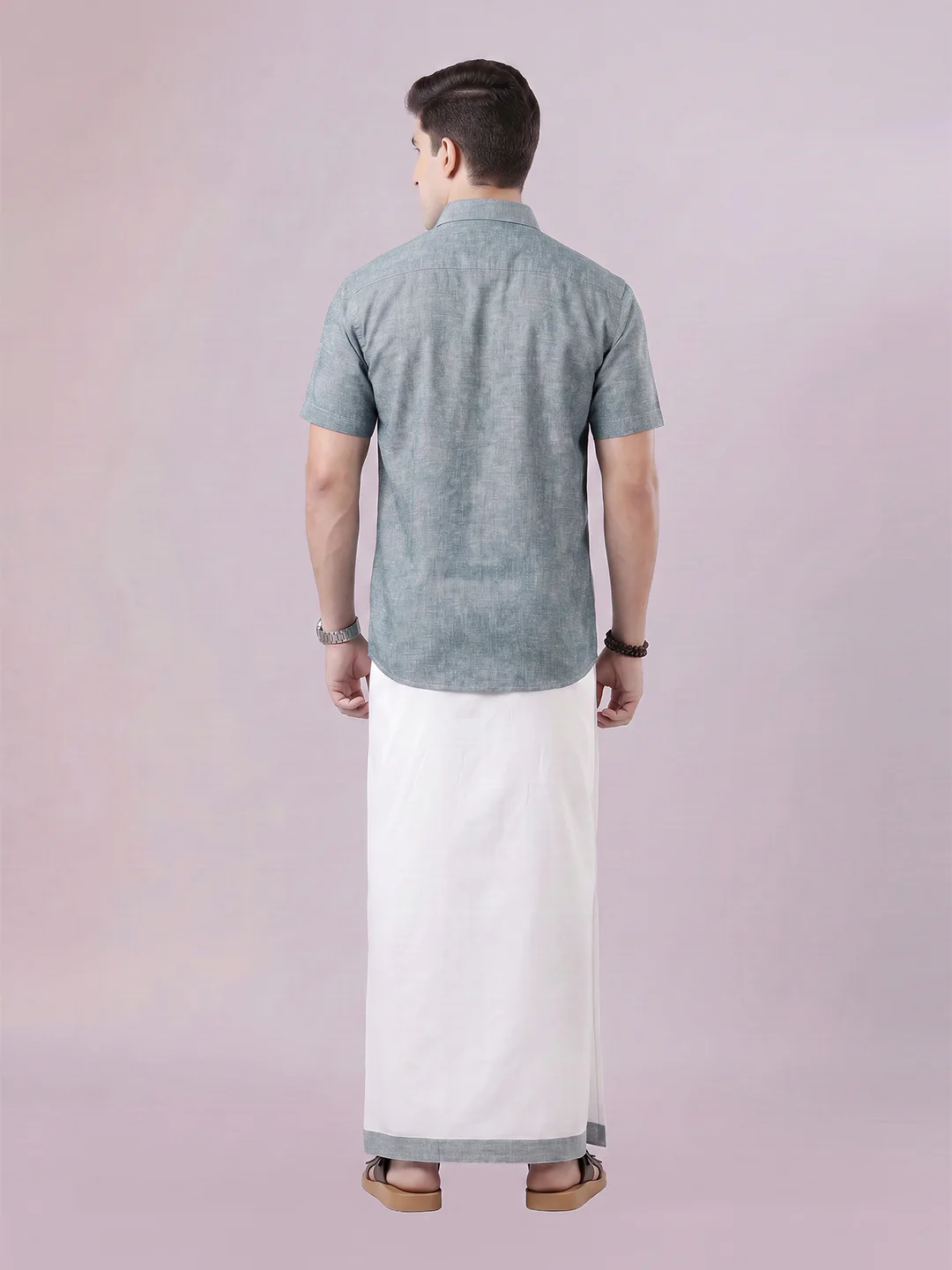 Men's Emerald Color Digital Printed Shirt with Matching Printed Border Dhoti Combo Varnam - Image 4