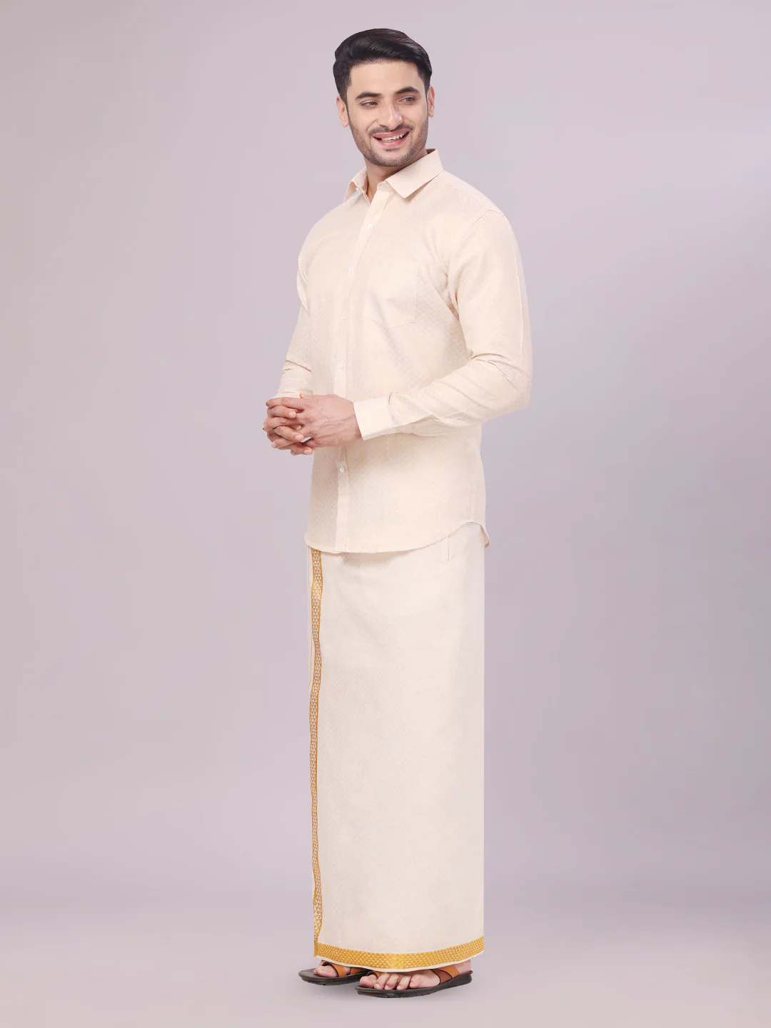 Men's Gold Tissue Jacquard Shirt with Matching Dhoti Combo Zeebra - Image 2