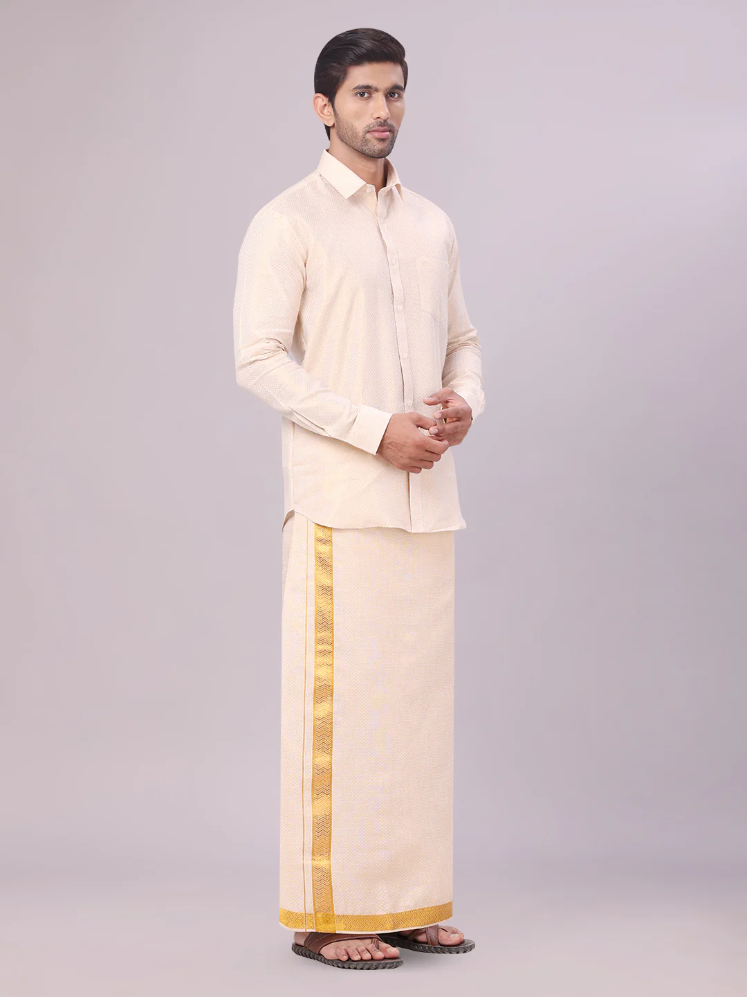 Men's Gold Tissue Jacquard Shirt with Matching Dhoti Combo Zeus - Image 2