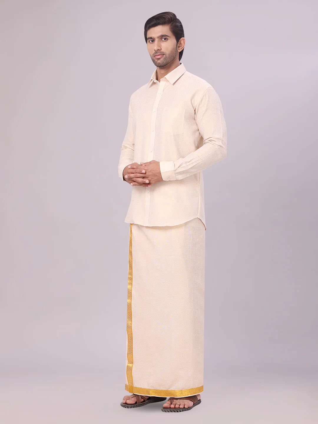 Men's Gold Tissue Jacquard Shirt with Matching Dhoti Combo Zeus - Image 3