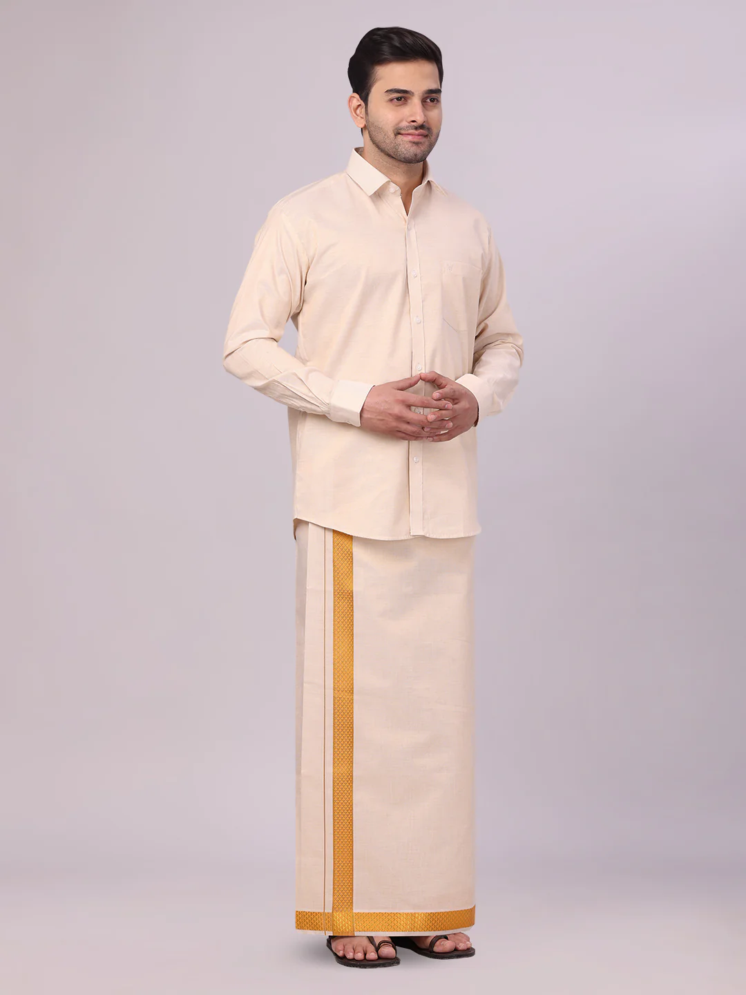 Men's Gold Tissue Stripe Shirt and Dhoti Combo with Jacquard Border Kane - Image 2