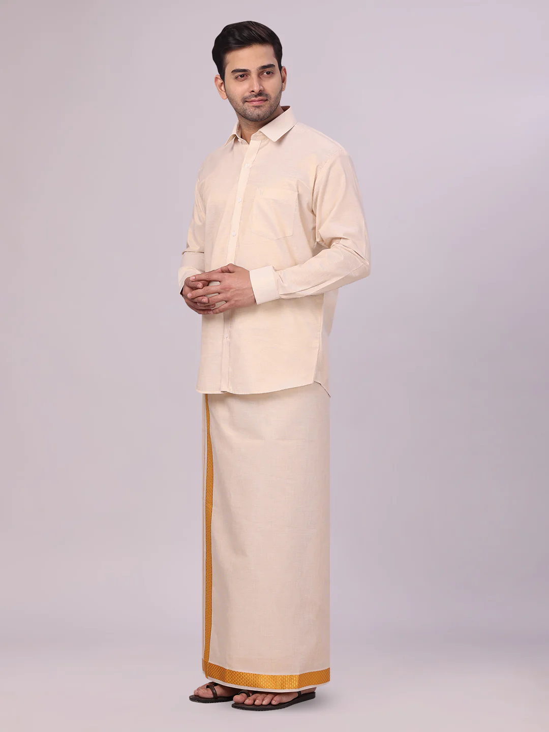 Men's Gold Tissue Stripe Shirt and Dhoti Combo with Jacquard Border Kane - Image 3
