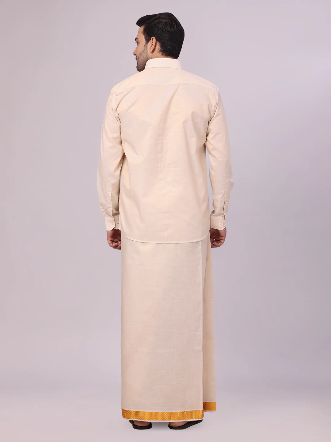 Men's Gold Tissue Stripe Shirt and Dhoti Combo with Jacquard Border Kane - Image 4