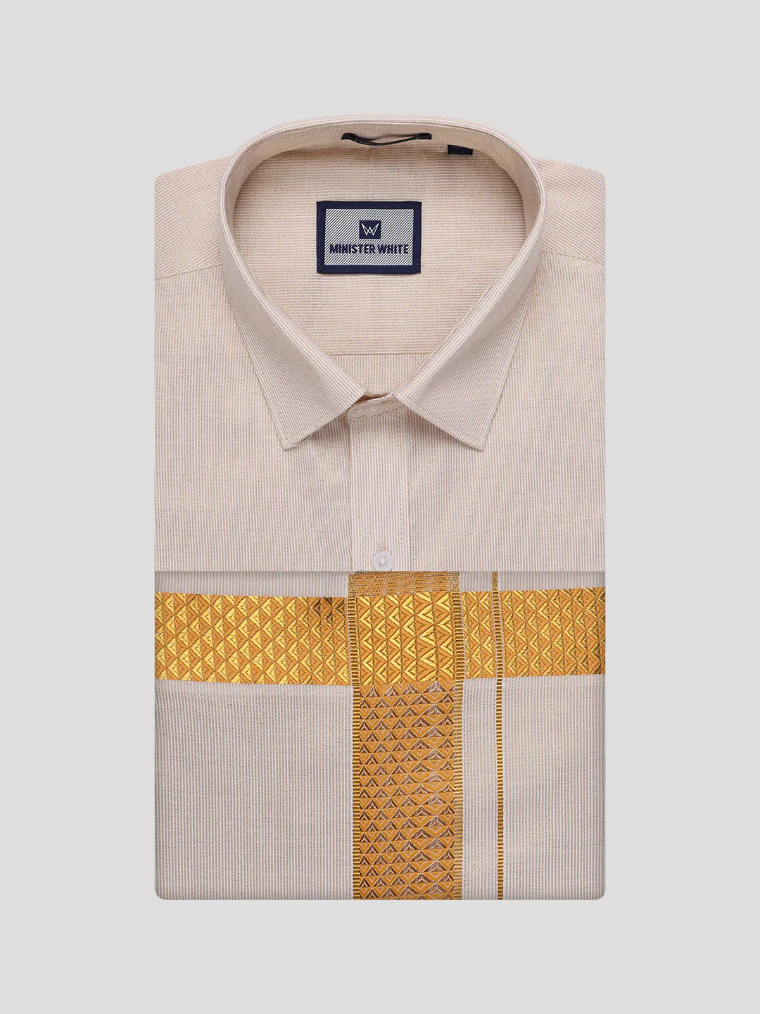Men's Gold Tissue Stripe Shirt and Dhoti Combo with Jacquard Border Kane - Image 6