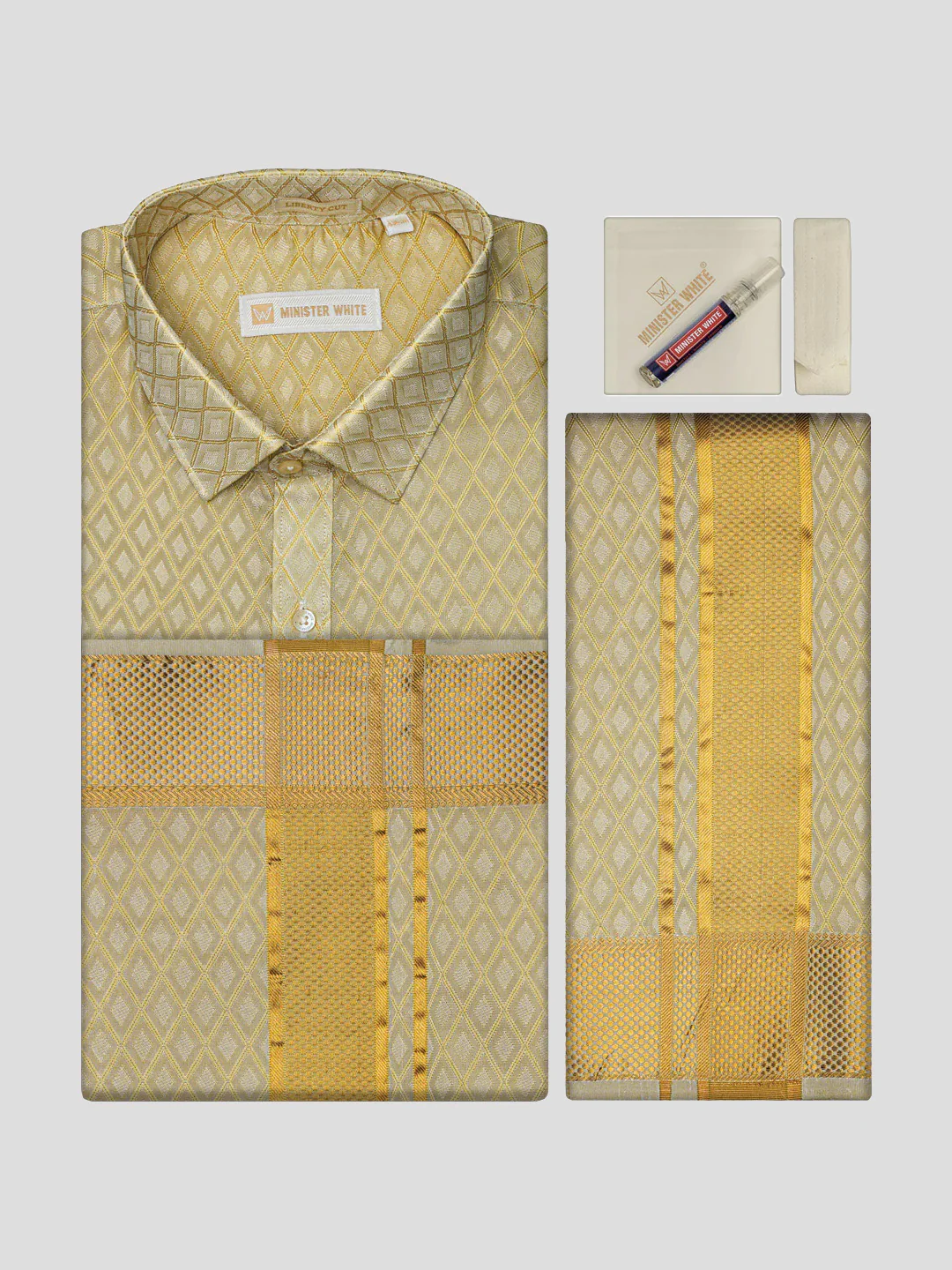 Men Art Silk Jacquard Fawn Full Sleeves Shirt with 2 1/2" Gold Jari Border Dhoti & Towel Combo Spruce