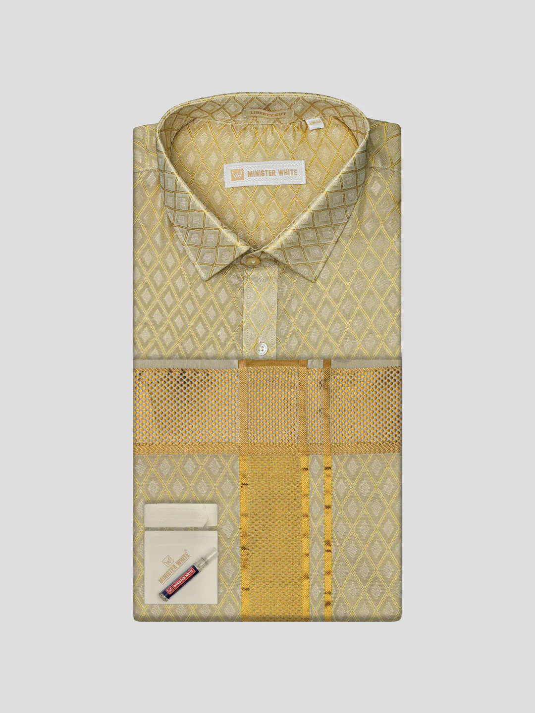 Men Art Silk Jacquard Fawn Full Sleeves Shirt with 2 1/2" Gold Jari Border Dhoti & Towel Combo Spruce - Image 2