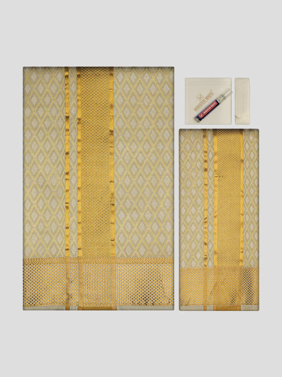 Men Art Silk Jacquard Fawn Full Sleeves Shirt with 2 1/2" Gold Jari Border Dhoti & Towel Combo Spruce - Image 3