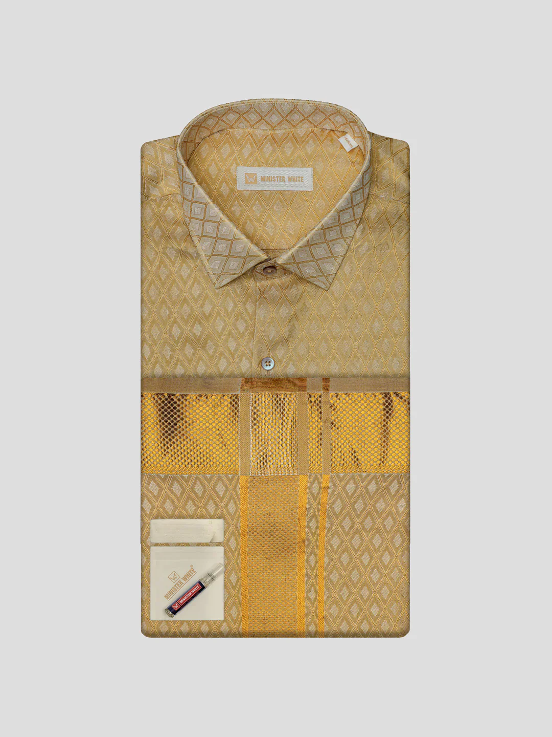 Men's Art Silk Medium Gold Full Sleeves Shirt with 4" Gold Jari Border Dhoti Combo Mangal
