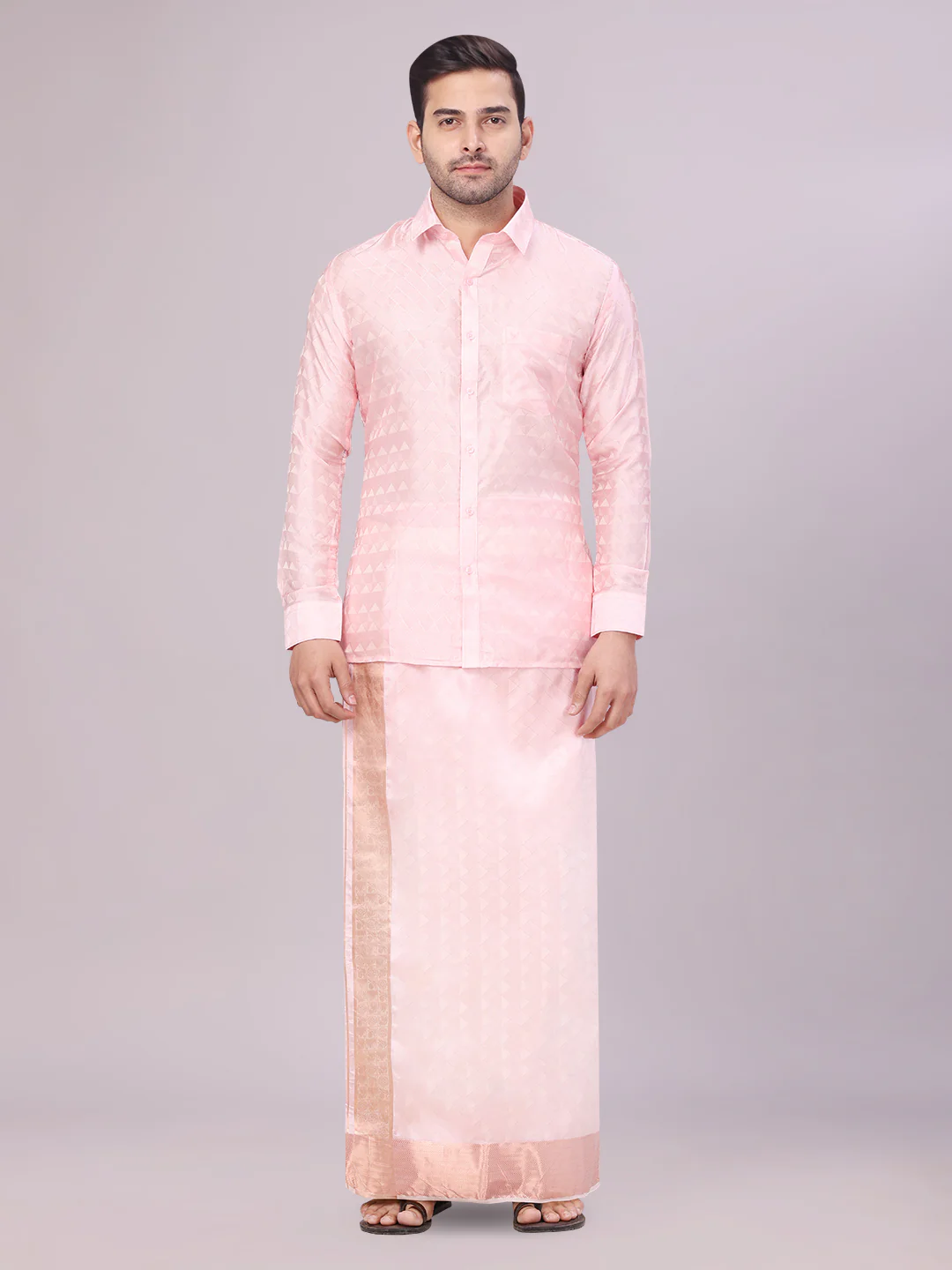 Men's Jacquard Art Silk Pink Full Sleeves Shirt with 3 1/2" Copper Jari Border Dhoti Combo Nautica