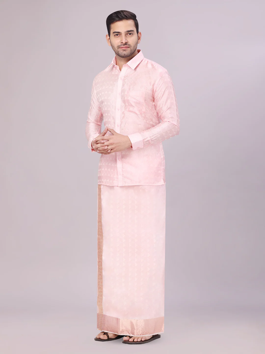 Men's Jacquard Art Silk Pink Full Sleeves Shirt with 3 1/2" Copper Jari Border Dhoti Combo Nautica - Image 3