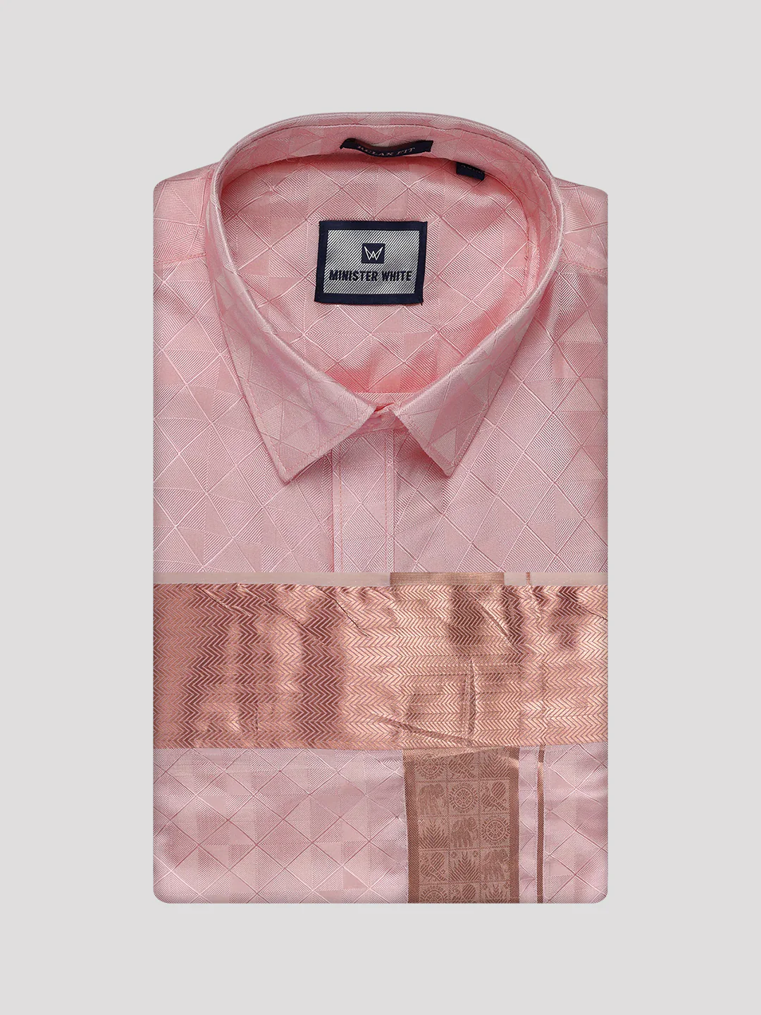Men's Jacquard Art Silk Pink Full Sleeves Shirt with 3 1/2" Copper Jari Border Dhoti Combo Nautica - Image 8