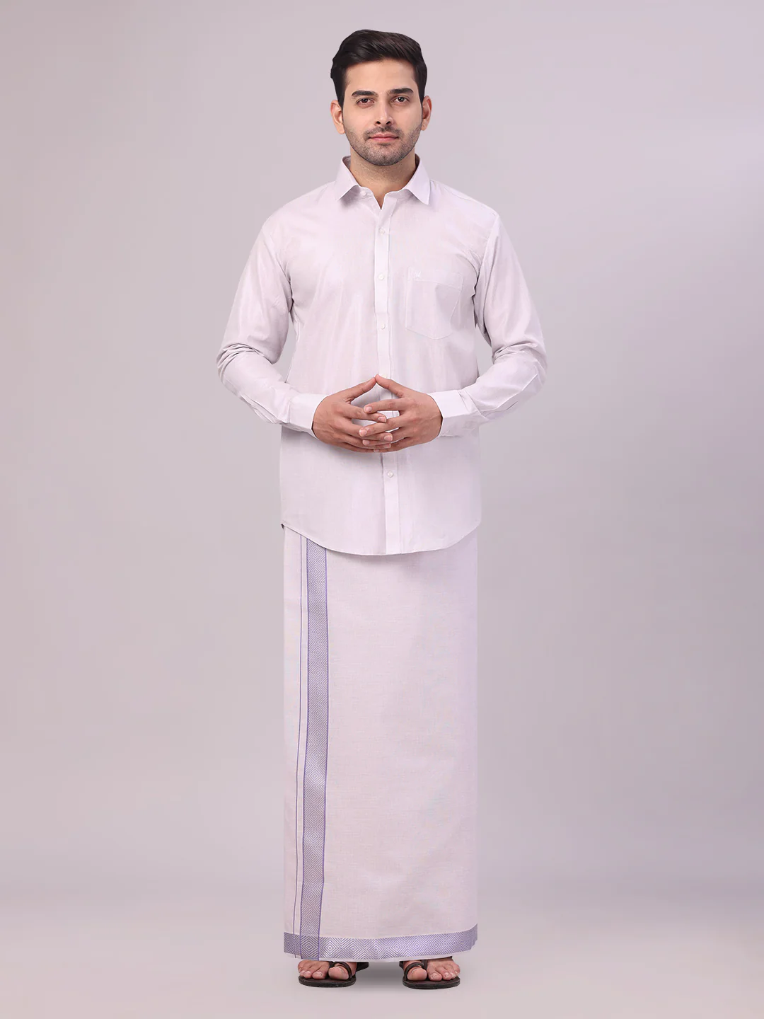 Men's Lavender Tissue Shirt and Dhoti Set with Intricate Jacquard Border Plum