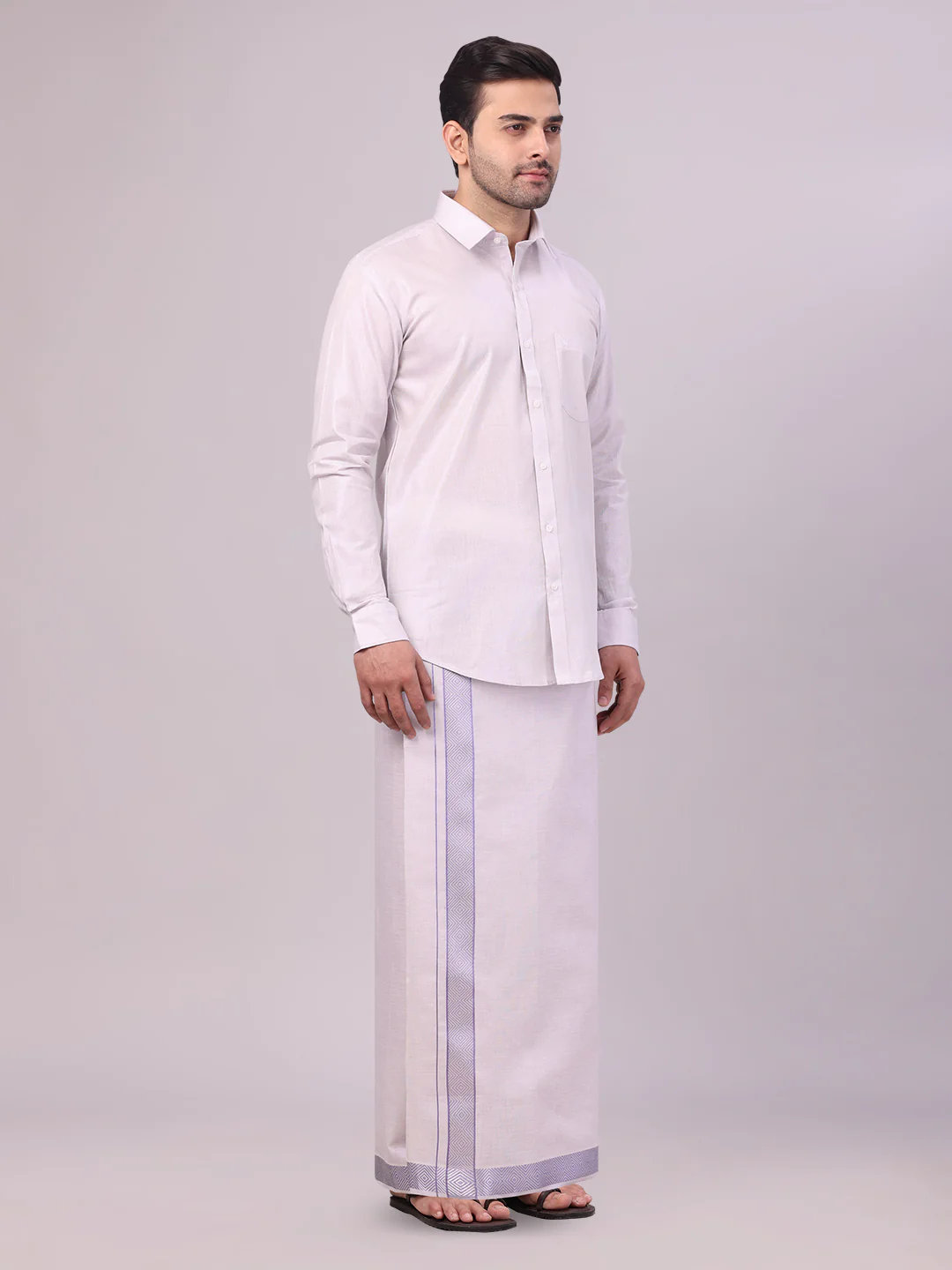 Men's Lavender Tissue Shirt and Dhoti Set with Intricate Jacquard Border Plum - Image 3