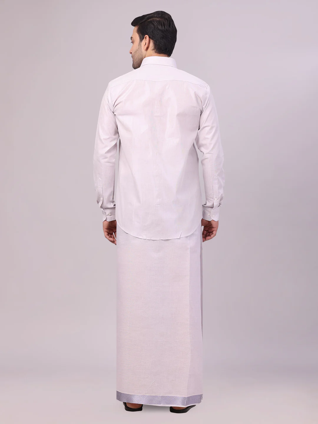Men's Lavender Tissue Shirt and Dhoti Set with Intricate Jacquard Border Plum - Image 4